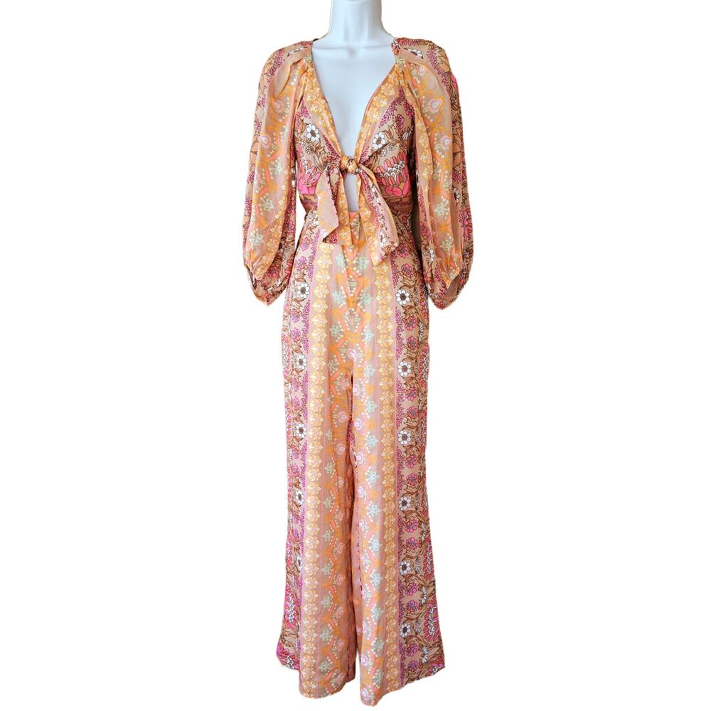 SANDRO Dieppe Printed Wide Leg Jumpsuit Size 36/4 Tan Retro Floral Cutout Plunge - Picture 2 of 11